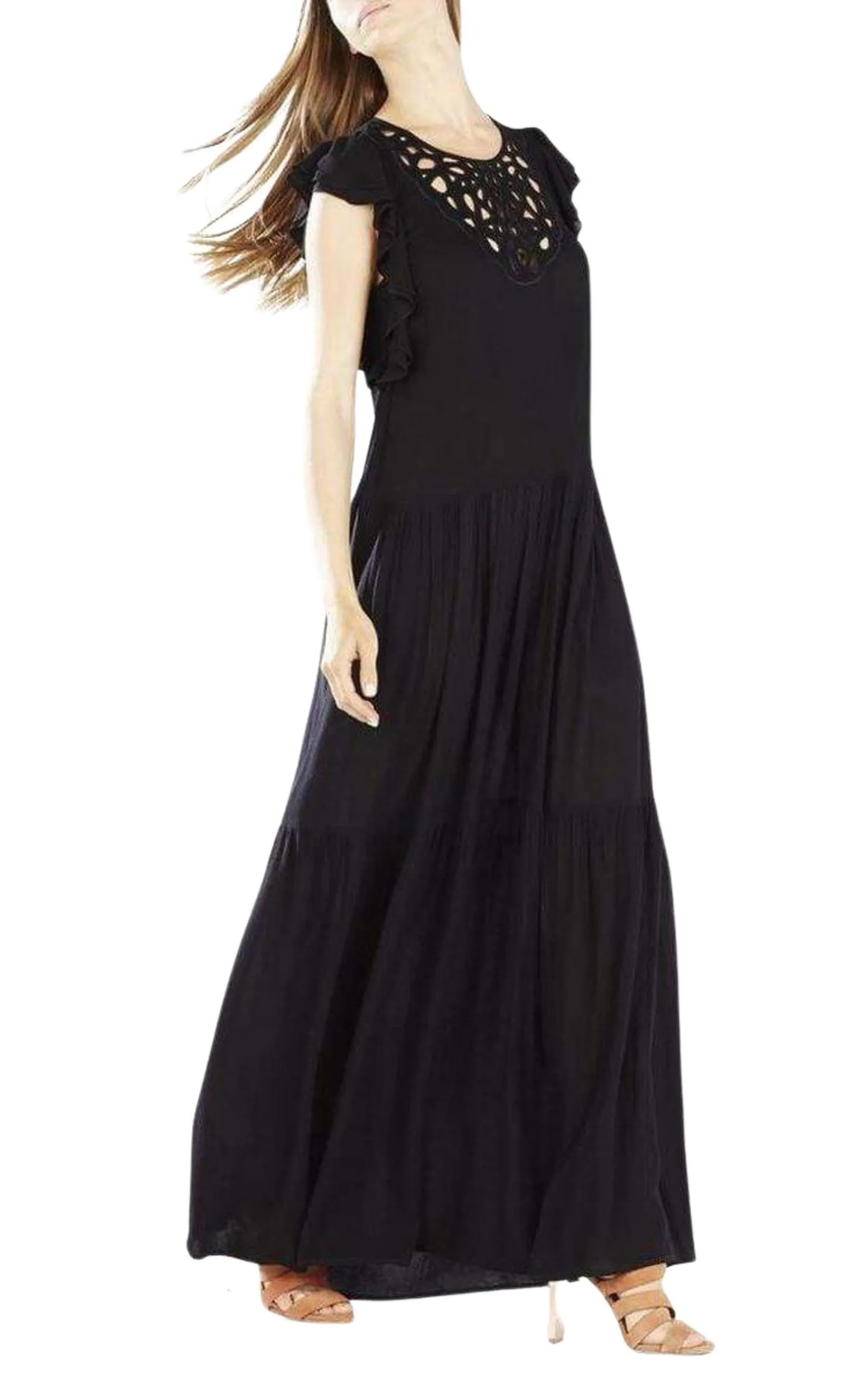 Lyndsy Flutter Sleeve Cutout Embroidered Maxi Dress