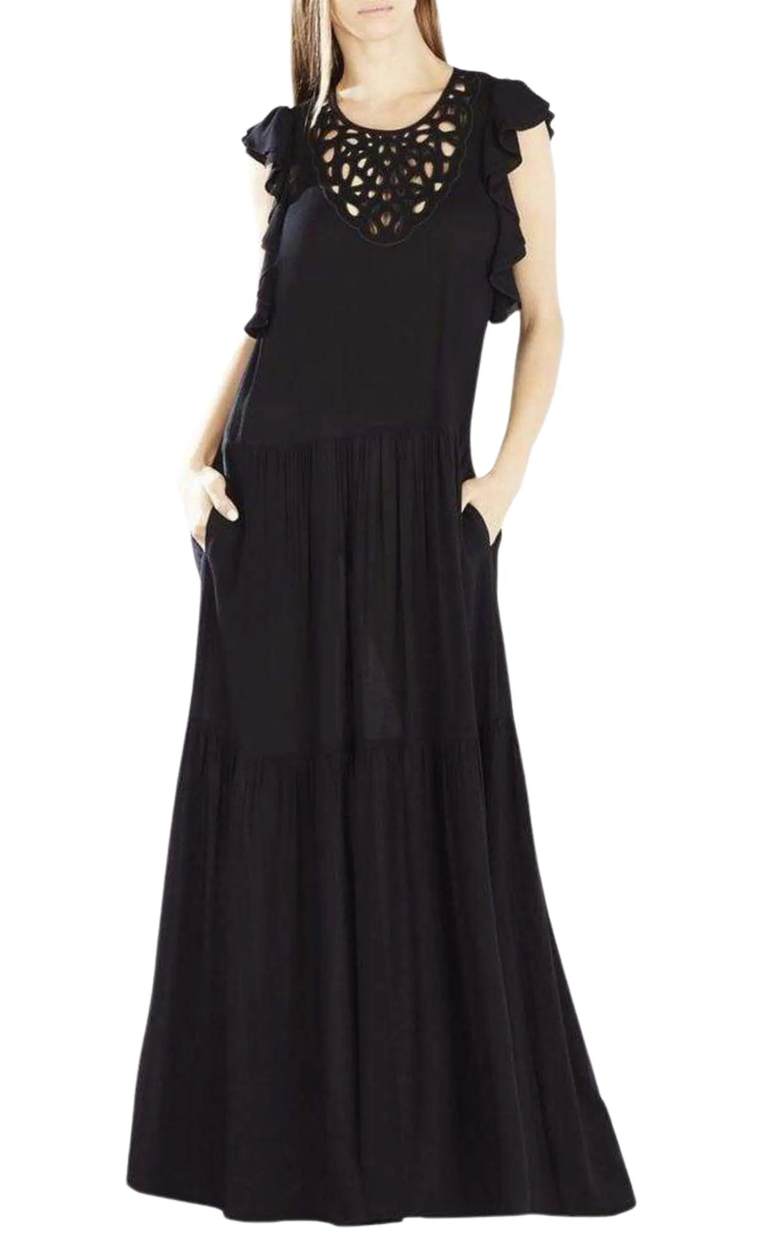 Lyndsy Flutter Sleeve Cutout Embroidered Maxi Dress