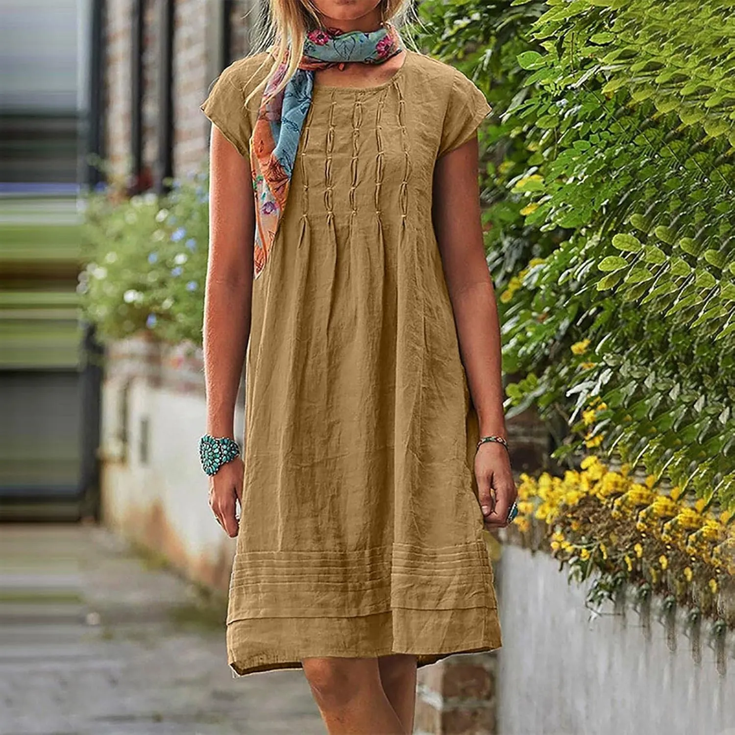 maisdgop Linen Dresses for Women 2025 Plus Size Cap Sleeve Pleated Summer Midi Dress Vacation Casual Knee Length Sundresses