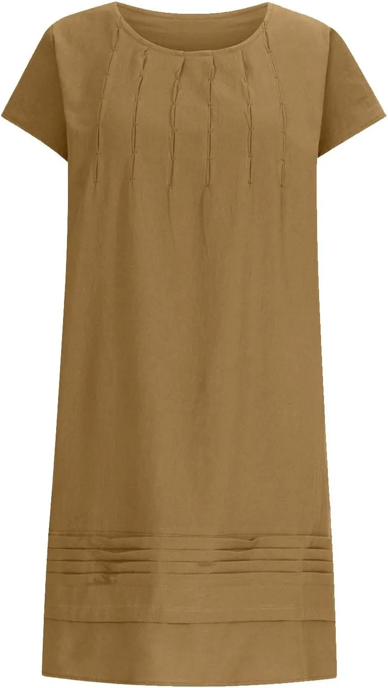 maisdgop Linen Dresses for Women 2025 Plus Size Cap Sleeve Pleated Summer Midi Dress Vacation Casual Knee Length Sundresses