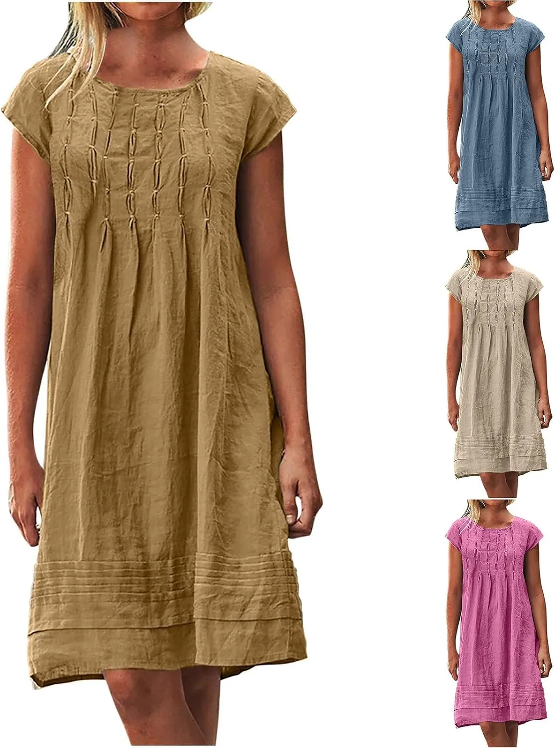 maisdgop Linen Dresses for Women 2025 Plus Size Cap Sleeve Pleated Summer Midi Dress Vacation Casual Knee Length Sundresses