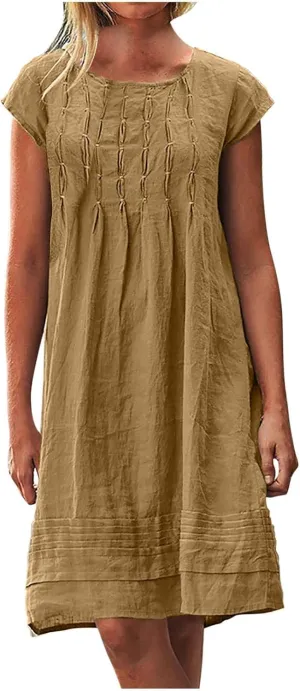 maisdgop Linen Dresses for Women 2025 Plus Size Cap Sleeve Pleated Summer Midi Dress Vacation Casual Knee Length Sundresses