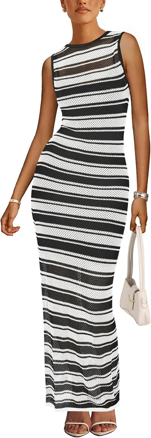 MASCOMODA Womens 2025 Striped Summer Dresses Crochet Swimsuit Coverup Sleeveless Tank Maxi Dress Beach Vacation Long Sundress