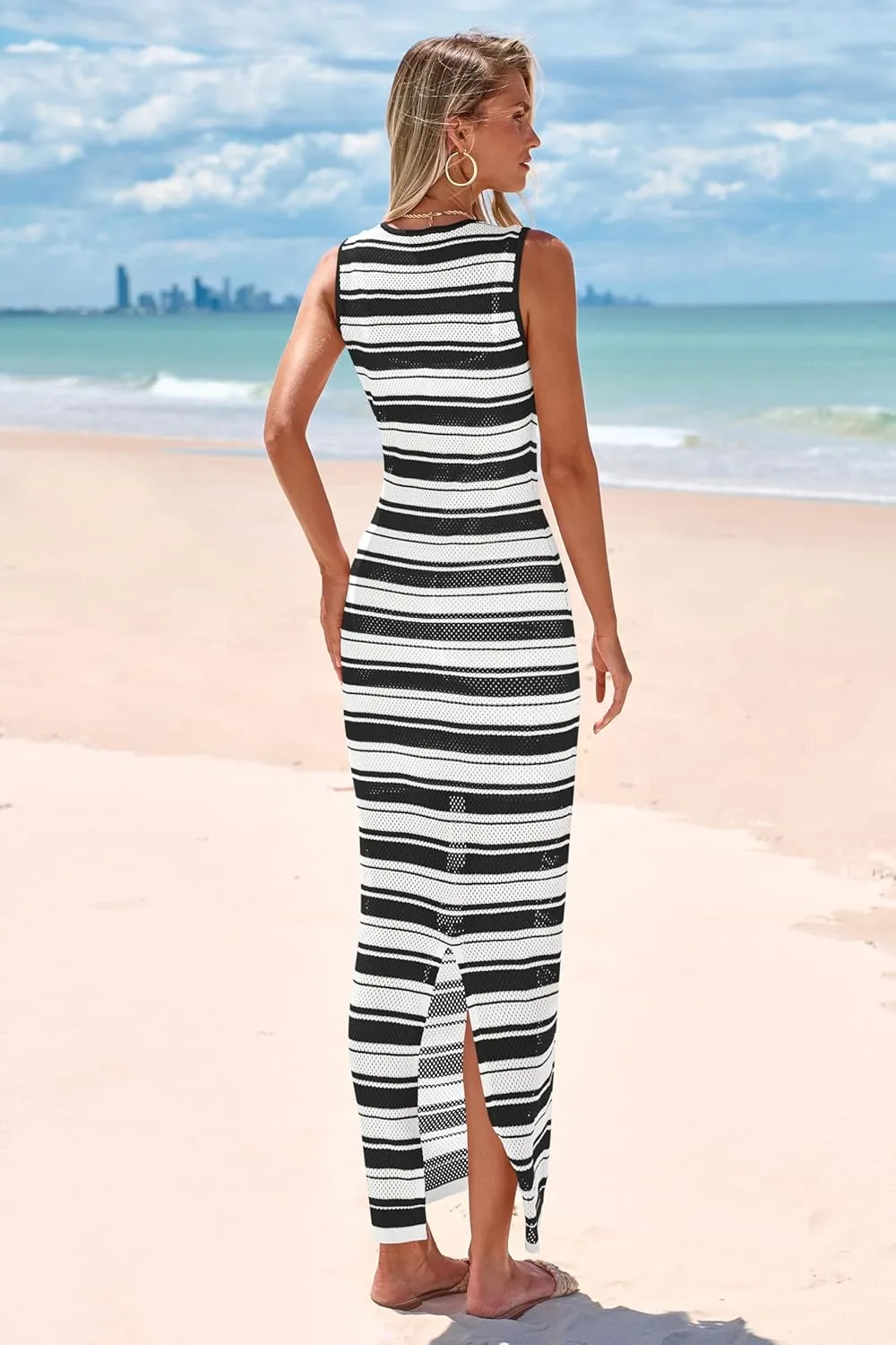 MASCOMODA Womens 2025 Striped Summer Dresses Crochet Swimsuit Coverup Sleeveless Tank Maxi Dress Beach Vacation Long Sundress