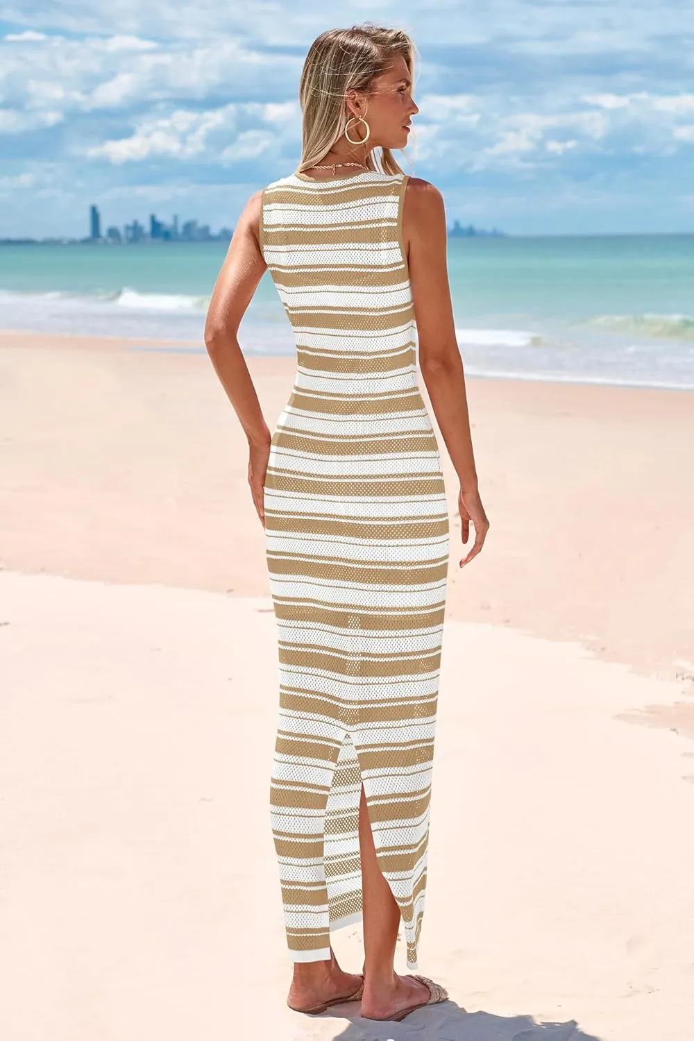 MASCOMODA Womens 2025 Striped Summer Dresses Crochet Swimsuit Coverup Sleeveless Tank Maxi Dress Beach Vacation Long Sundress