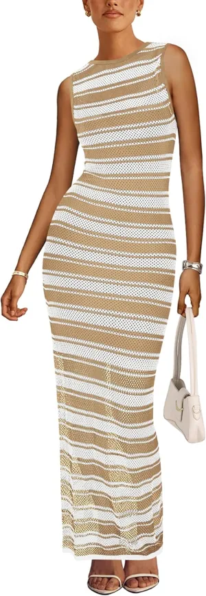 MASCOMODA Womens 2025 Striped Summer Dresses Crochet Swimsuit Coverup Sleeveless Tank Maxi Dress Beach Vacation Long Sundress