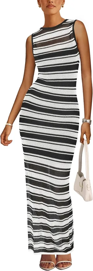 MASCOMODA Womens 2025 Striped Summer Dresses Crochet Swimsuit Coverup Sleeveless Tank Maxi Dress Beach Vacation Long Sundress