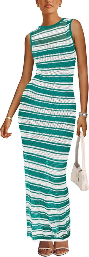 MASCOMODA Womens 2025 Striped Summer Dresses Crochet Swimsuit Coverup Sleeveless Tank Maxi Dress Beach Vacation Long Sundress
