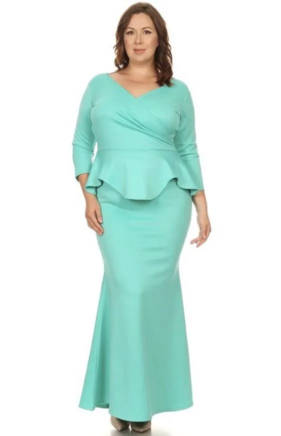 Maxi Dress Plus Peplum 3/4 Sleeve Solid Mermaid Ruffle Gown Cocktail Mint