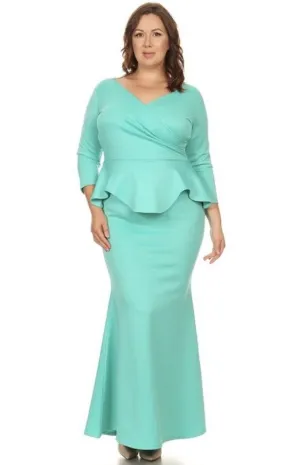 Maxi Dress Plus Peplum 3/4 Sleeve Solid Mermaid Ruffle Gown Cocktail Mint
