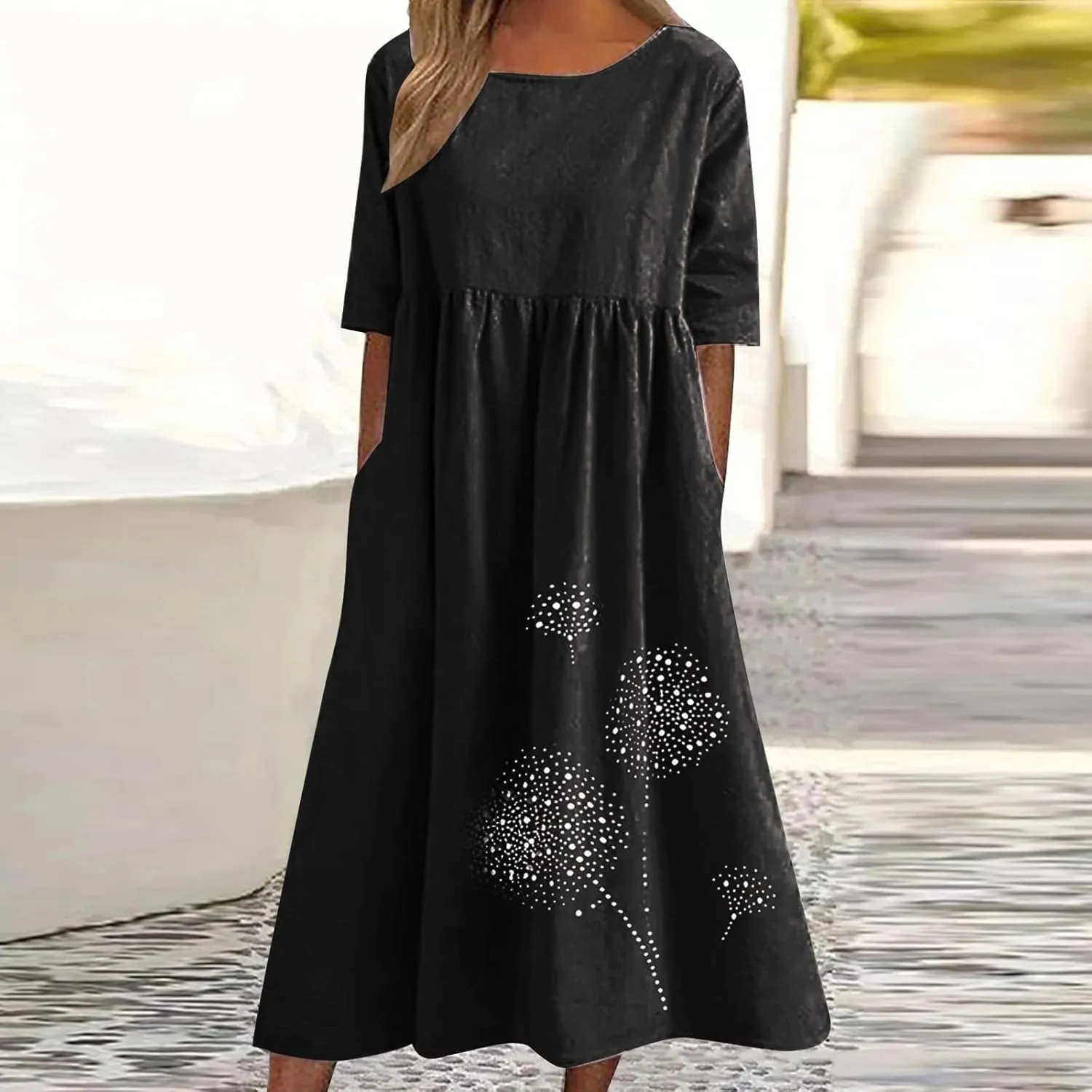 Maxi Dresses for Women 2025 Vacation Boho Dandelion Print Cotton Linen Dress Summer Beach Short Sleeve Shirt Sundress