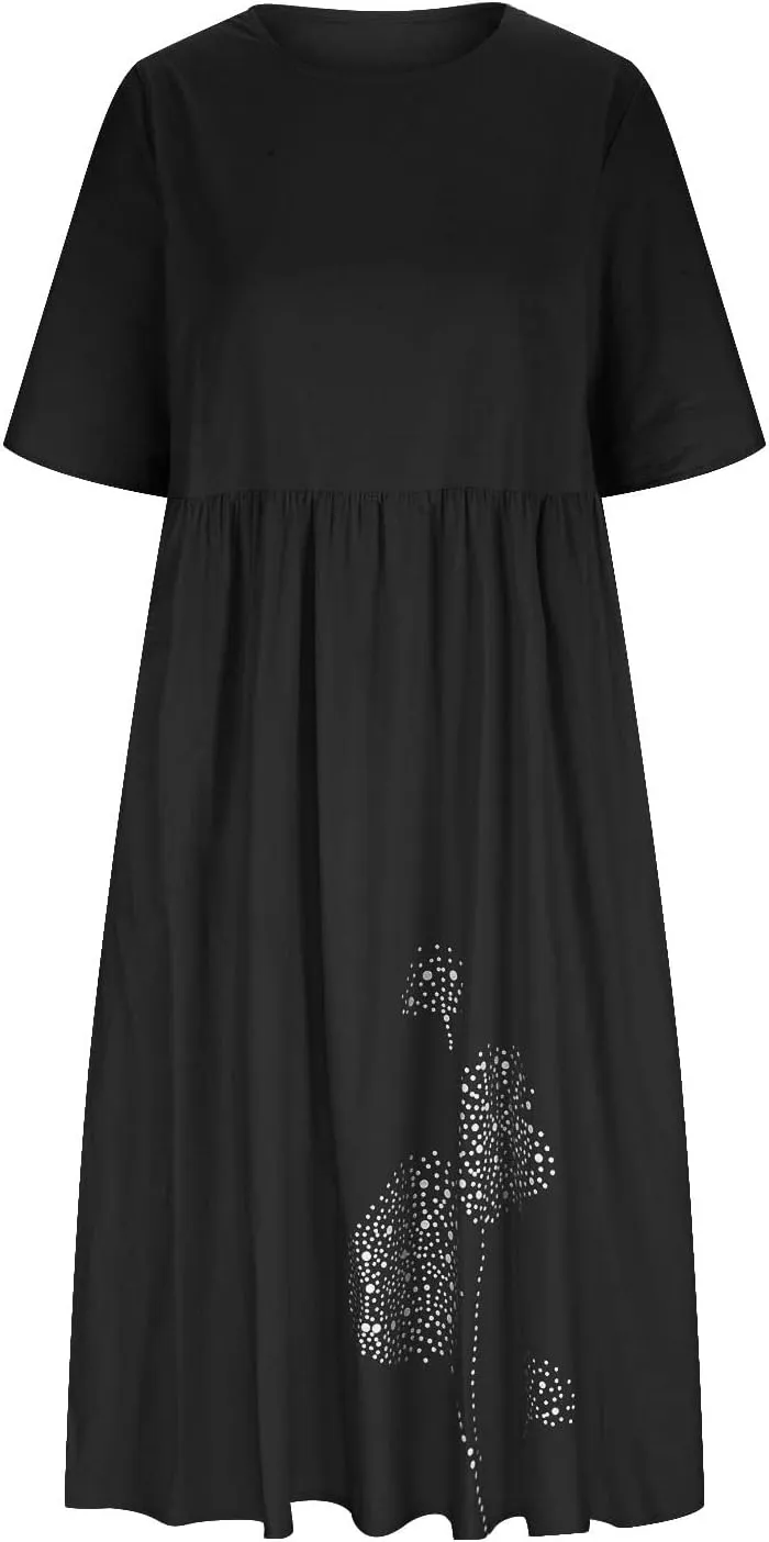 Maxi Dresses for Women 2025 Vacation Boho Dandelion Print Cotton Linen Dress Summer Beach Short Sleeve Shirt Sundress