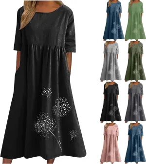 Maxi Dresses for Women 2025 Vacation Boho Dandelion Print Cotton Linen Dress Summer Beach Short Sleeve Shirt Sundress