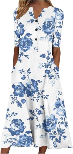 Maxi Dresses for Women 2025 Vneck Floral Sundresses Short Sleeve T Shirt Dress Flowy Summer Clothes with Pocket