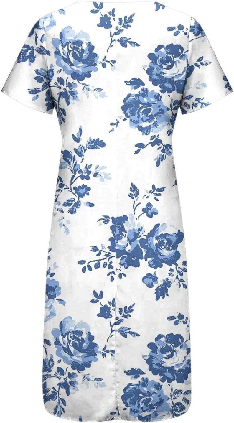 Maxi Dresses for Women 2025 Vneck Floral Sundresses Short Sleeve T Shirt Dress Flowy Summer Clothes with Pocket