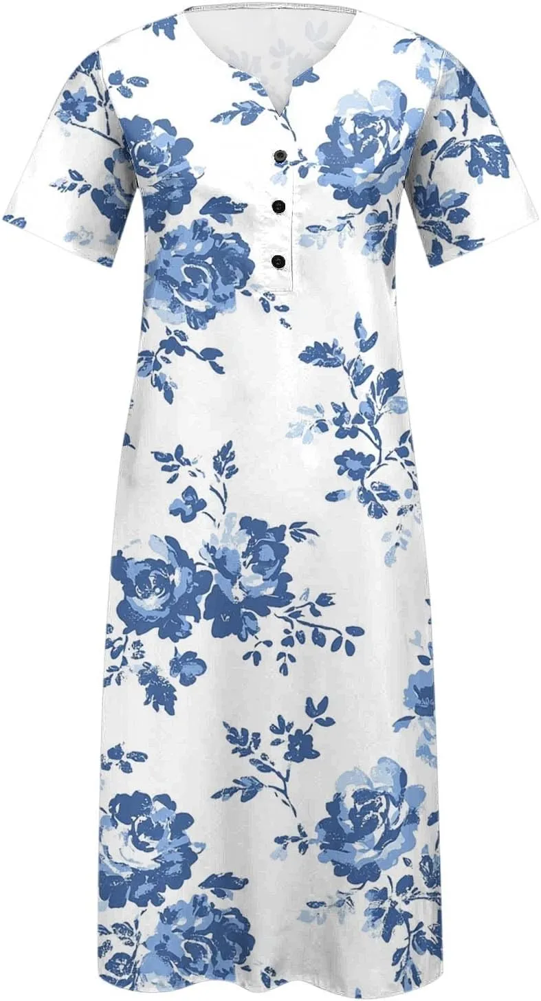 Maxi Dresses for Women 2025 Vneck Floral Sundresses Short Sleeve T Shirt Dress Flowy Summer Clothes with Pocket