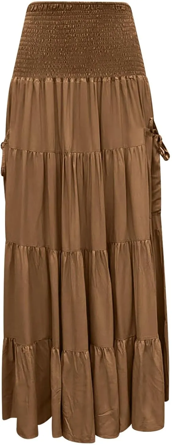Maxi Dresses for Women Elastic High Waisted Casual Boho Full Skirt Beach Pleated Hippie Gypsy Skirt with Pockets