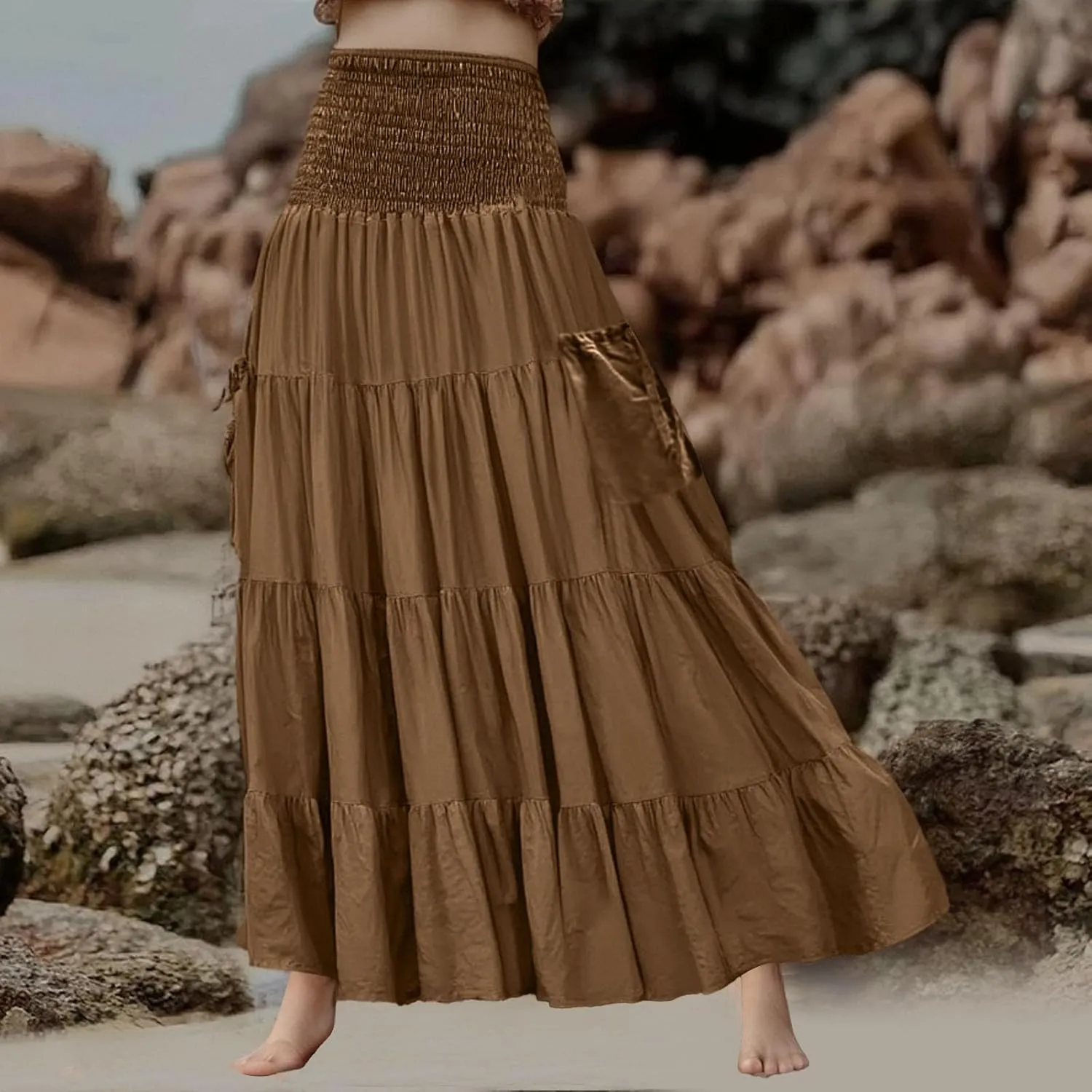 Maxi Dresses for Women Elastic High Waisted Casual Boho Full Skirt Beach Pleated Hippie Gypsy Skirt with Pockets