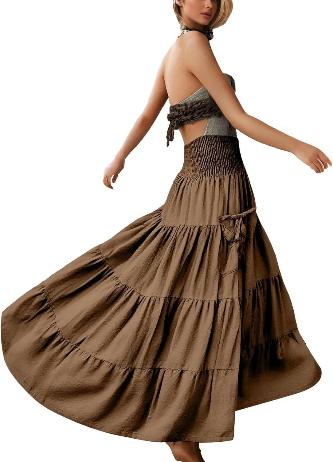 Maxi Dresses for Women Elastic High Waisted Casual Boho Full Skirt Beach Pleated Hippie Gypsy Skirt with Pockets