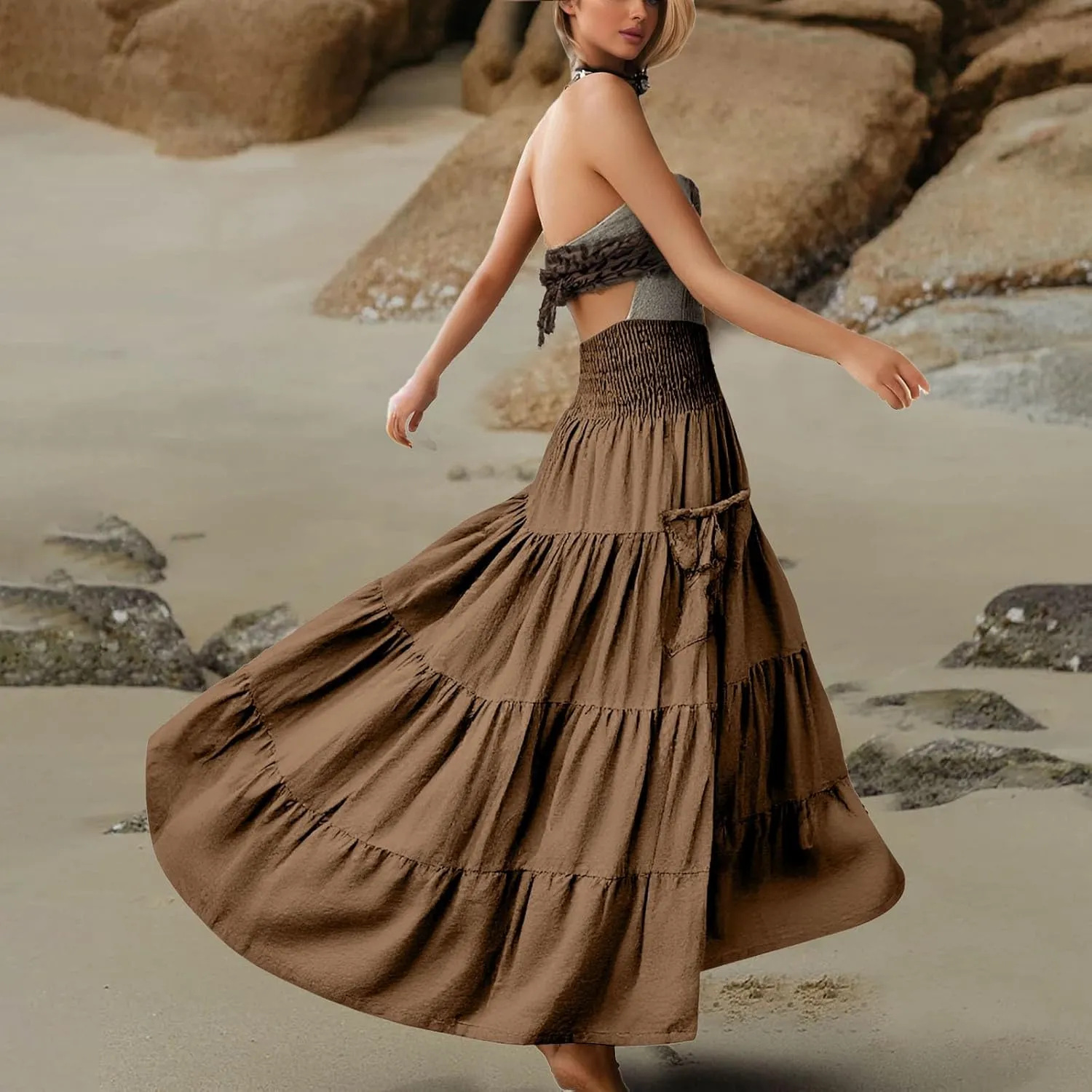 Maxi Dresses for Women Elastic High Waisted Casual Boho Full Skirt Beach Pleated Hippie Gypsy Skirt with Pockets