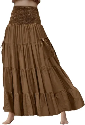 Maxi Dresses for Women Elastic High Waisted Casual Boho Full Skirt Beach Pleated Hippie Gypsy Skirt with Pockets