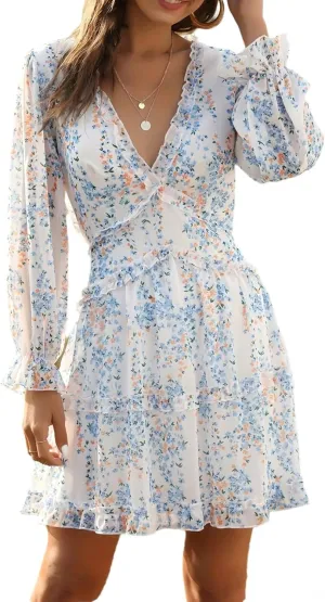 Melliflo Women's Long Sleeve Floral Dresses Sexy Deep V Neck Backless Mini Fall Dress Smocked High Waist Wedding Guest Dress