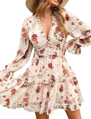Melliflo Women's Long Sleeve Floral Dresses Sexy Deep V Neck Backless Mini Fall Dress Smocked High Waist Wedding Guest Dress