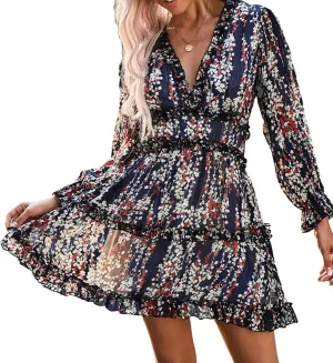 Melliflo Women's Long Sleeve Floral Dresses Sexy Deep V Neck Backless Mini Fall Dress Smocked High Waist Wedding Guest Dress