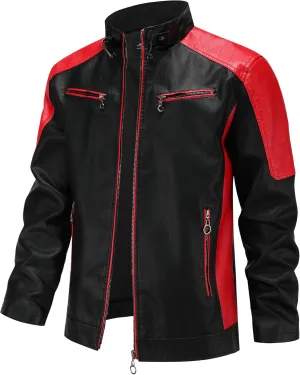 Men's Stylish Color Blocking PU Leather Jacket, Multi Zipper Design Street Style Retro Classic Motor Jacket