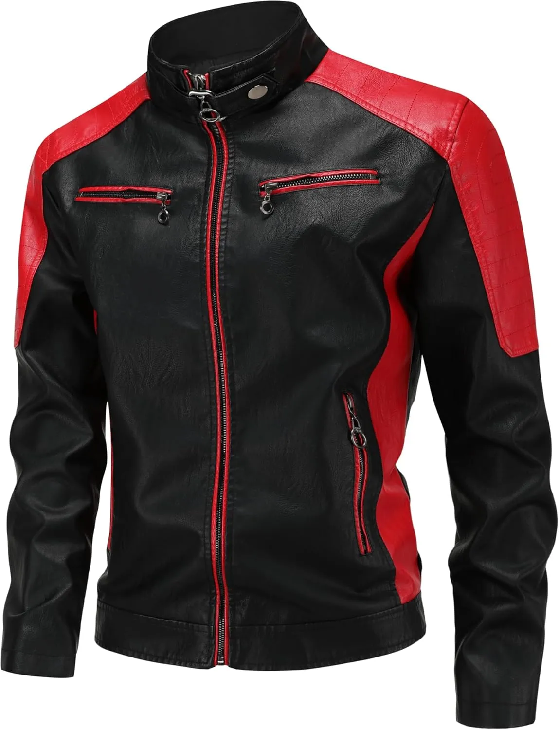 Men's Stylish Color Blocking PU Leather Jacket, Multi Zipper Design Street Style Retro Classic Motor Jacket