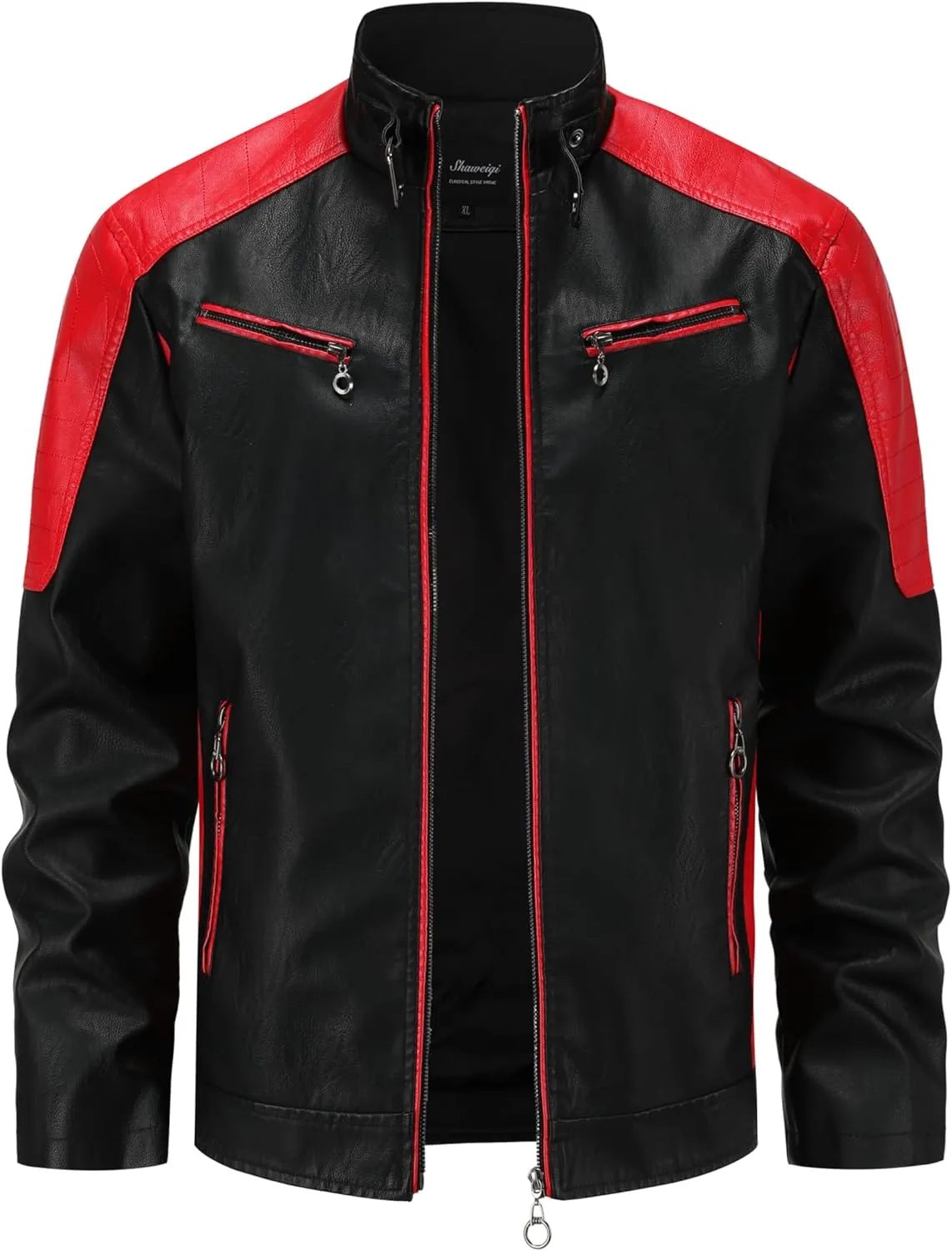 Men's Stylish Color Blocking PU Leather Jacket, Multi Zipper Design Street Style Retro Classic Motor Jacket
