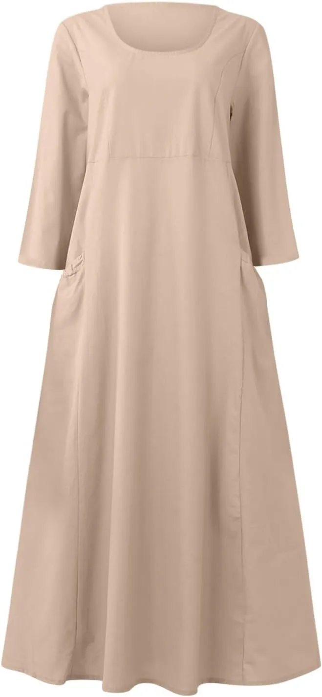 Midi Dresses for Women 3/4 Sleeve Plus Size Maxi Dress with Pockets Elegant Casual Modest Scoop Neck Flowy Summer Dress
