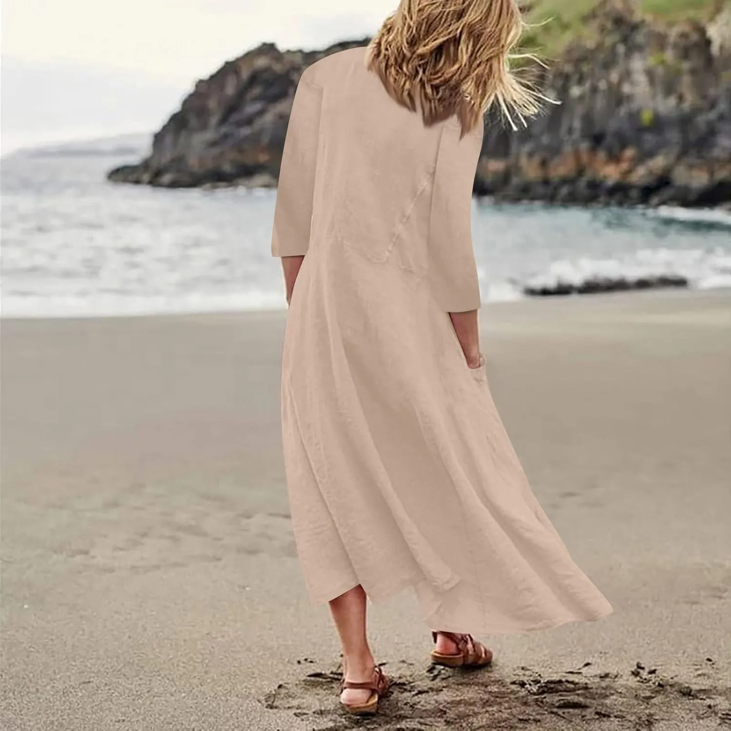 Midi Dresses for Women 3/4 Sleeve Plus Size Maxi Dress with Pockets Elegant Casual Modest Scoop Neck Flowy Summer Dress