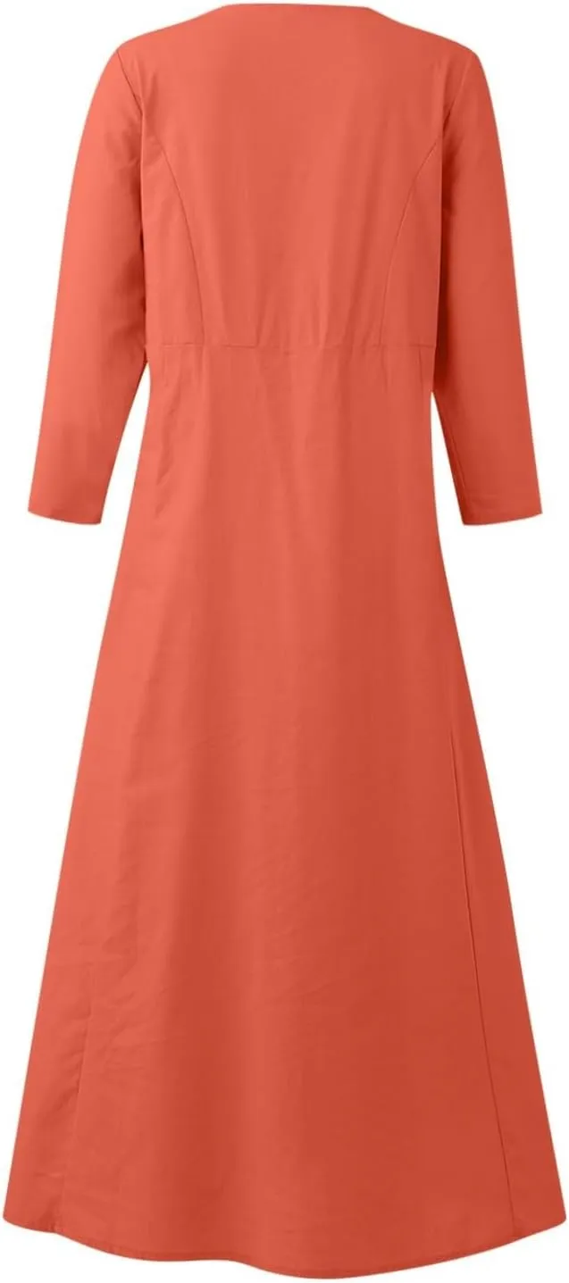 Midi Dresses for Women 3/4 Sleeve Plus Size Maxi Dress with Pockets Elegant Casual Modest Scoop Neck Flowy Summer Dress