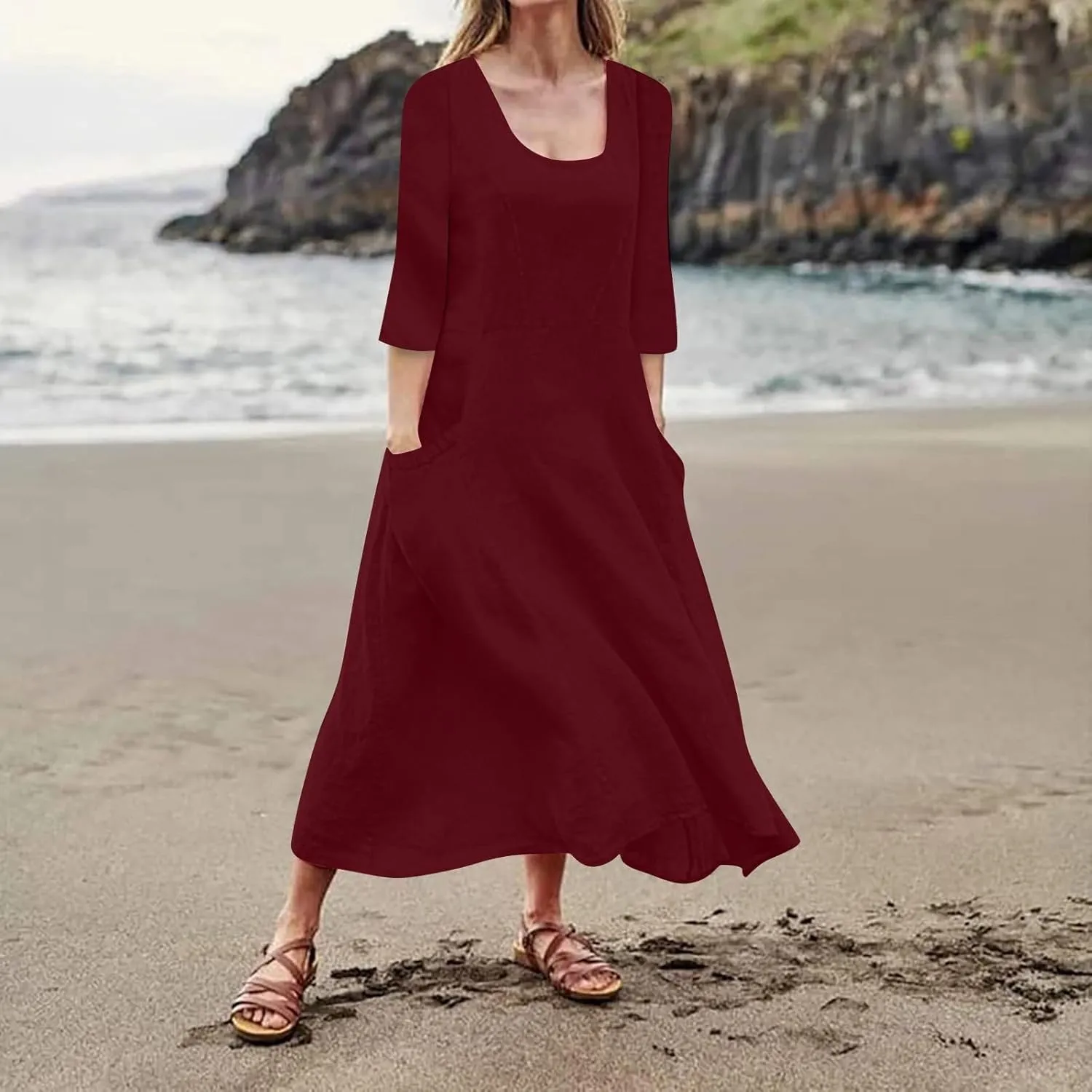 Midi Dresses for Women 3/4 Sleeve Plus Size Maxi Dress with Pockets Elegant Casual Modest Scoop Neck Flowy Summer Dress