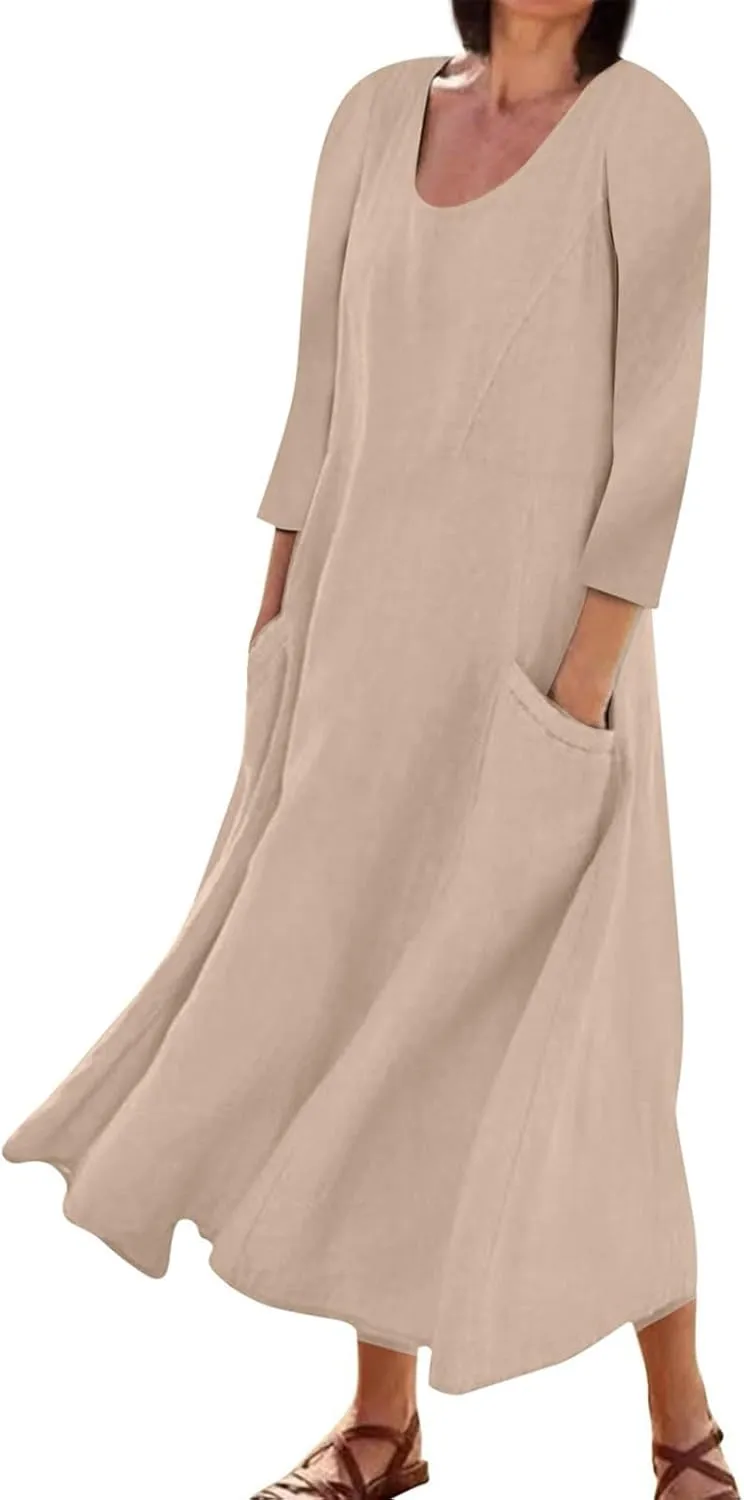 Midi Dresses for Women 3/4 Sleeve Plus Size Maxi Dress with Pockets Elegant Casual Modest Scoop Neck Flowy Summer Dress
