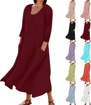 Midi Dresses for Women 3/4 Sleeve Plus Size Maxi Dress with Pockets Elegant Casual Modest Scoop Neck Flowy Summer Dress