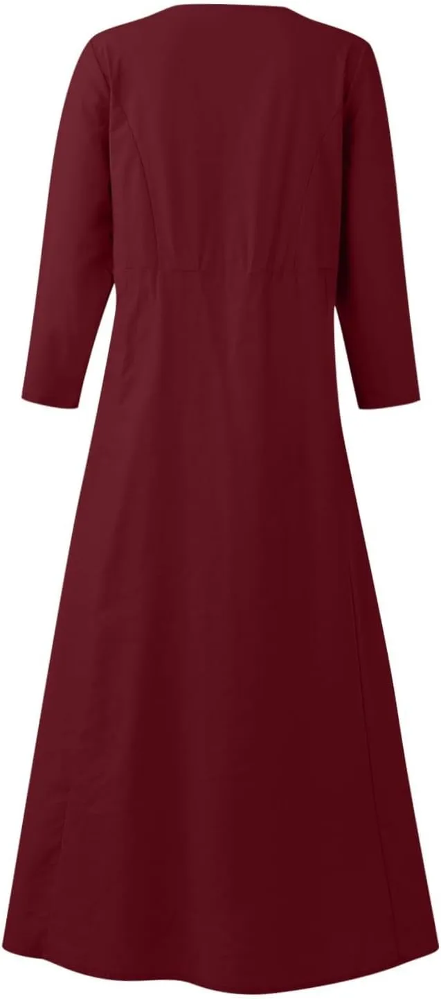 Midi Dresses for Women 3/4 Sleeve Plus Size Maxi Dress with Pockets Elegant Casual Modest Scoop Neck Flowy Summer Dress