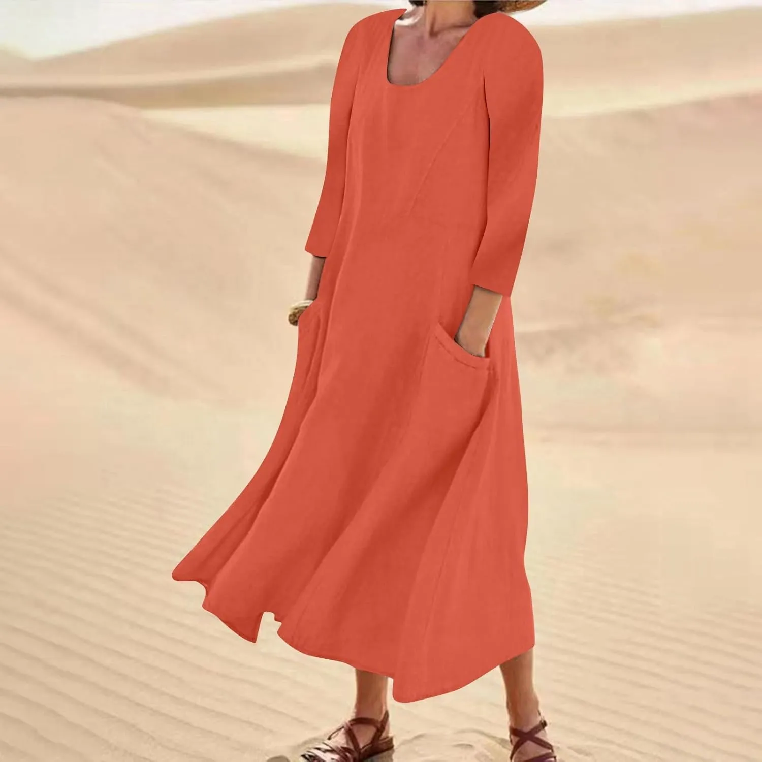 Midi Dresses for Women 3/4 Sleeve Plus Size Maxi Dress with Pockets Elegant Casual Modest Scoop Neck Flowy Summer Dress