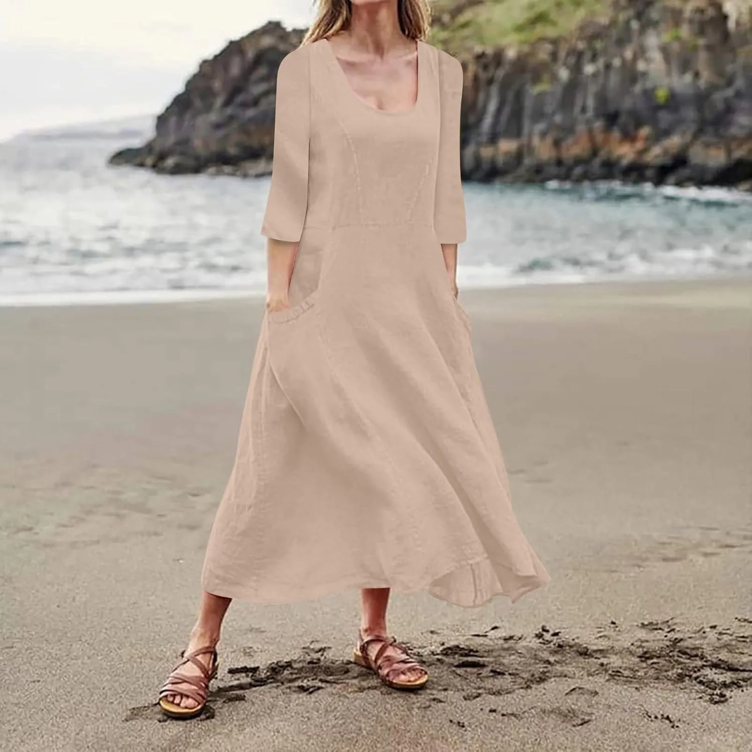 Midi Dresses for Women 3/4 Sleeve Plus Size Maxi Dress with Pockets Elegant Casual Modest Scoop Neck Flowy Summer Dress