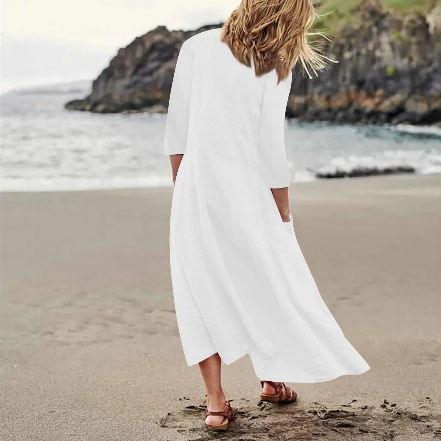 Midi Dresses for Women 3/4 Sleeve Plus Size Maxi Dress with Pockets Elegant Casual Modest Scoop Neck Flowy Summer Dress