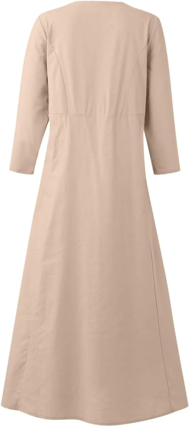 Midi Dresses for Women 3/4 Sleeve Plus Size Maxi Dress with Pockets Elegant Casual Modest Scoop Neck Flowy Summer Dress