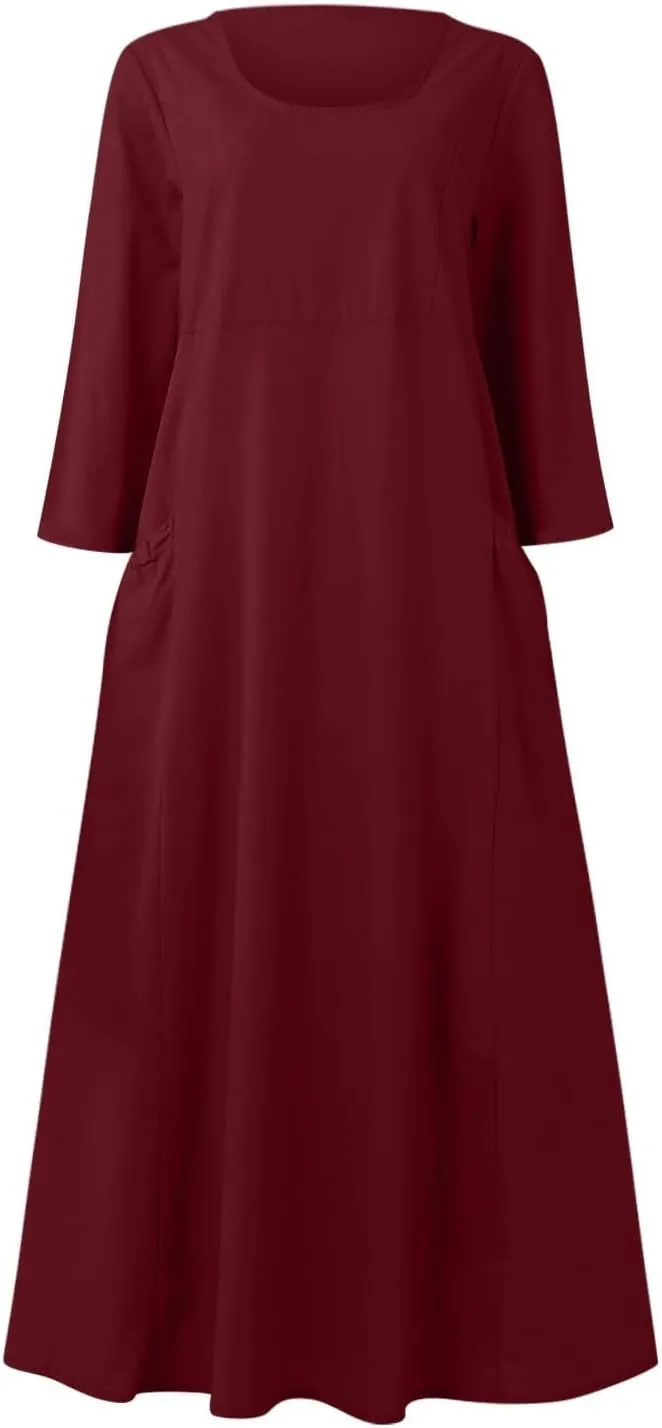 Midi Dresses for Women 3/4 Sleeve Plus Size Maxi Dress with Pockets Elegant Casual Modest Scoop Neck Flowy Summer Dress