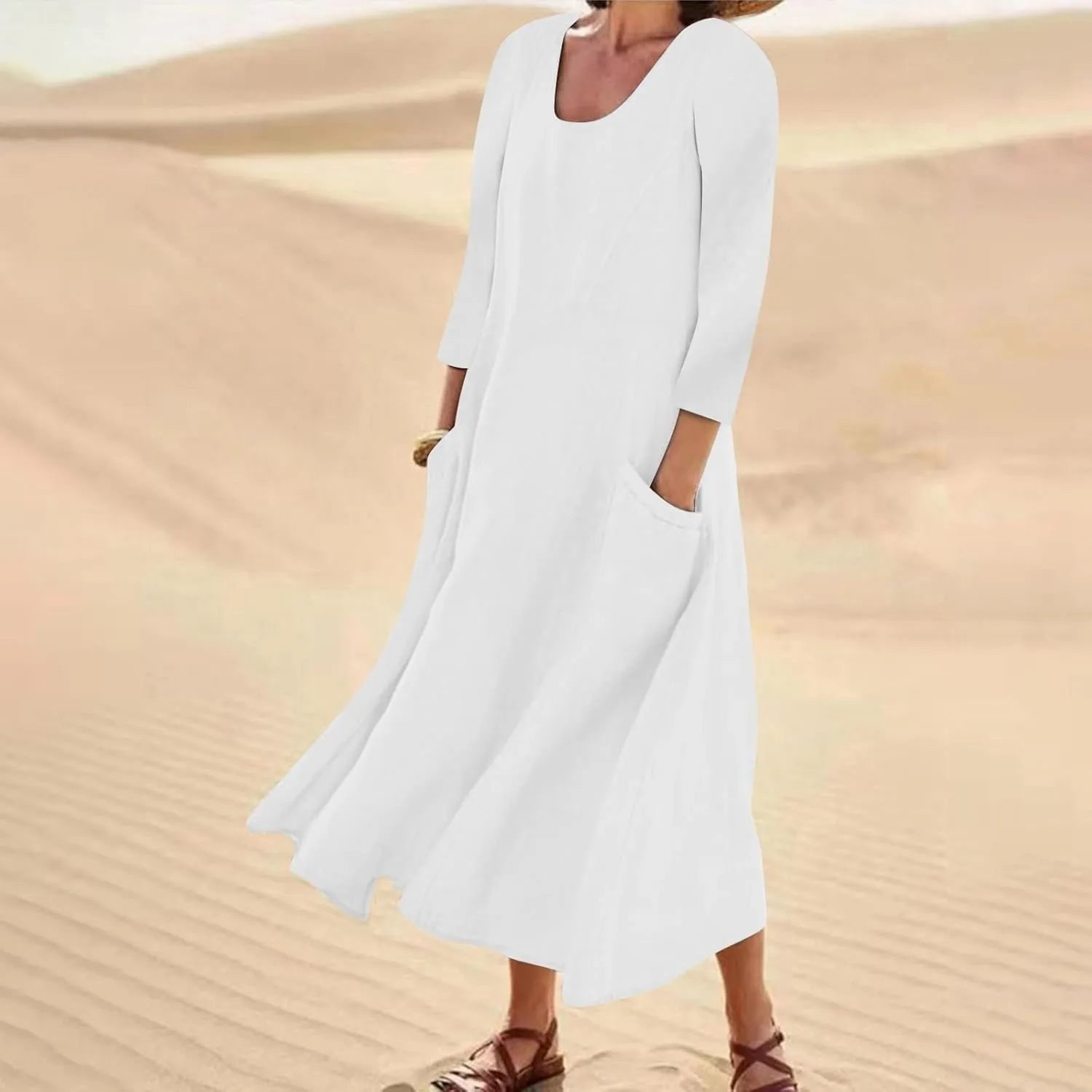 Midi Dresses for Women 3/4 Sleeve Plus Size Maxi Dress with Pockets Elegant Casual Modest Scoop Neck Flowy Summer Dress