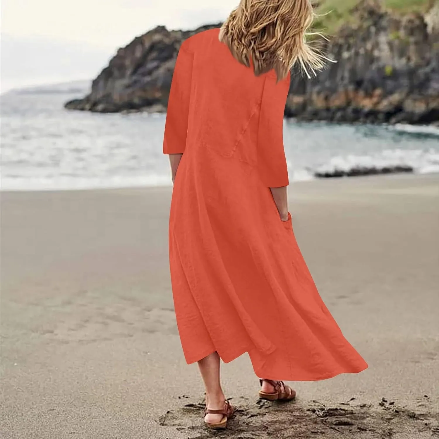 Midi Dresses for Women 3/4 Sleeve Plus Size Maxi Dress with Pockets Elegant Casual Modest Scoop Neck Flowy Summer Dress