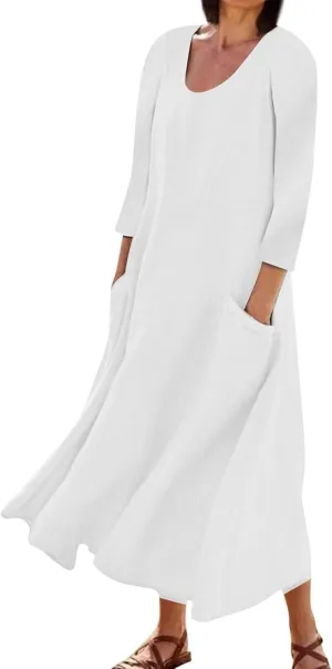 Midi Dresses for Women 3/4 Sleeve Plus Size Maxi Dress with Pockets Elegant Casual Modest Scoop Neck Flowy Summer Dress