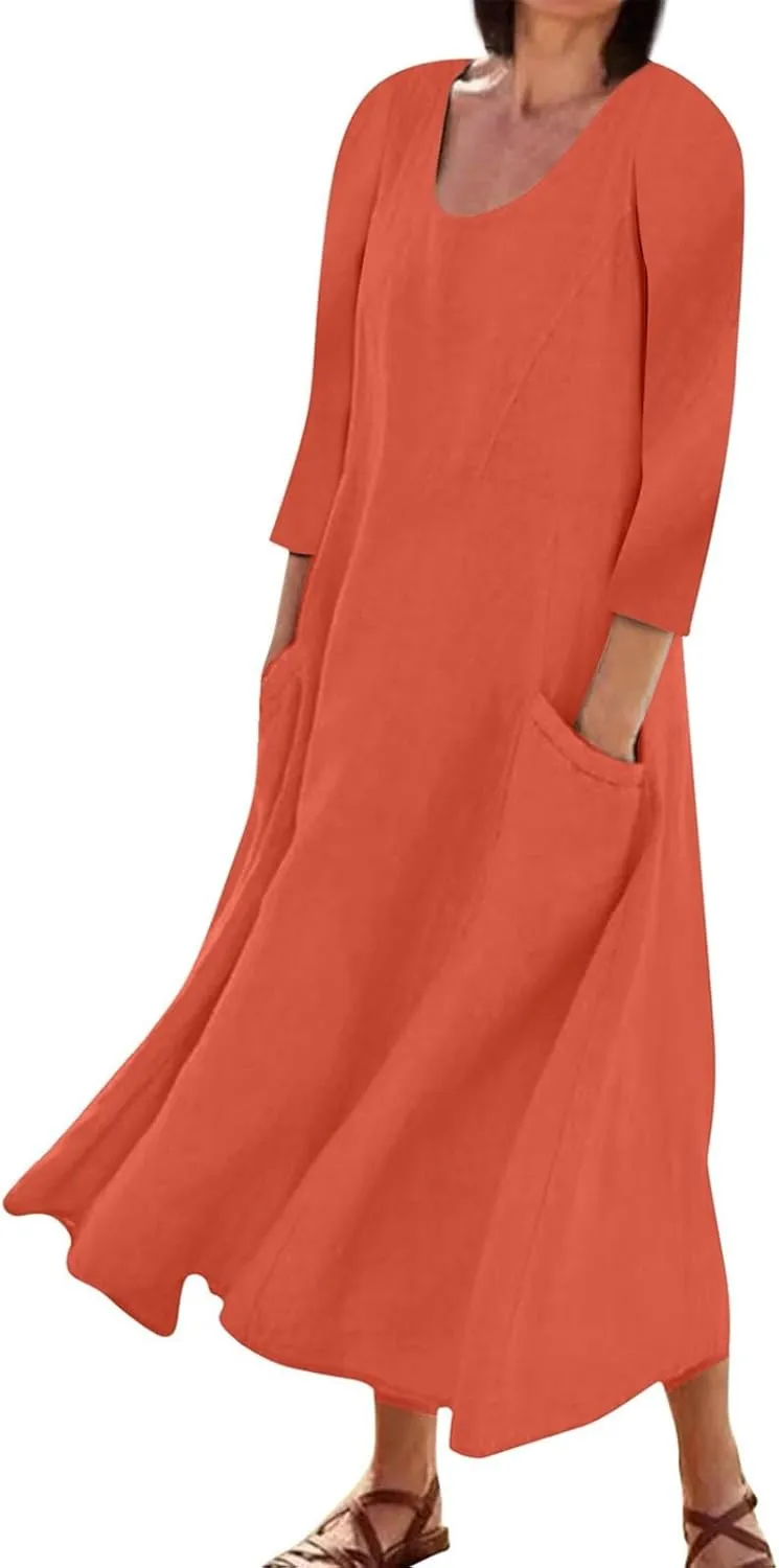 Midi Dresses for Women 3/4 Sleeve Plus Size Maxi Dress with Pockets Elegant Casual Modest Scoop Neck Flowy Summer Dress