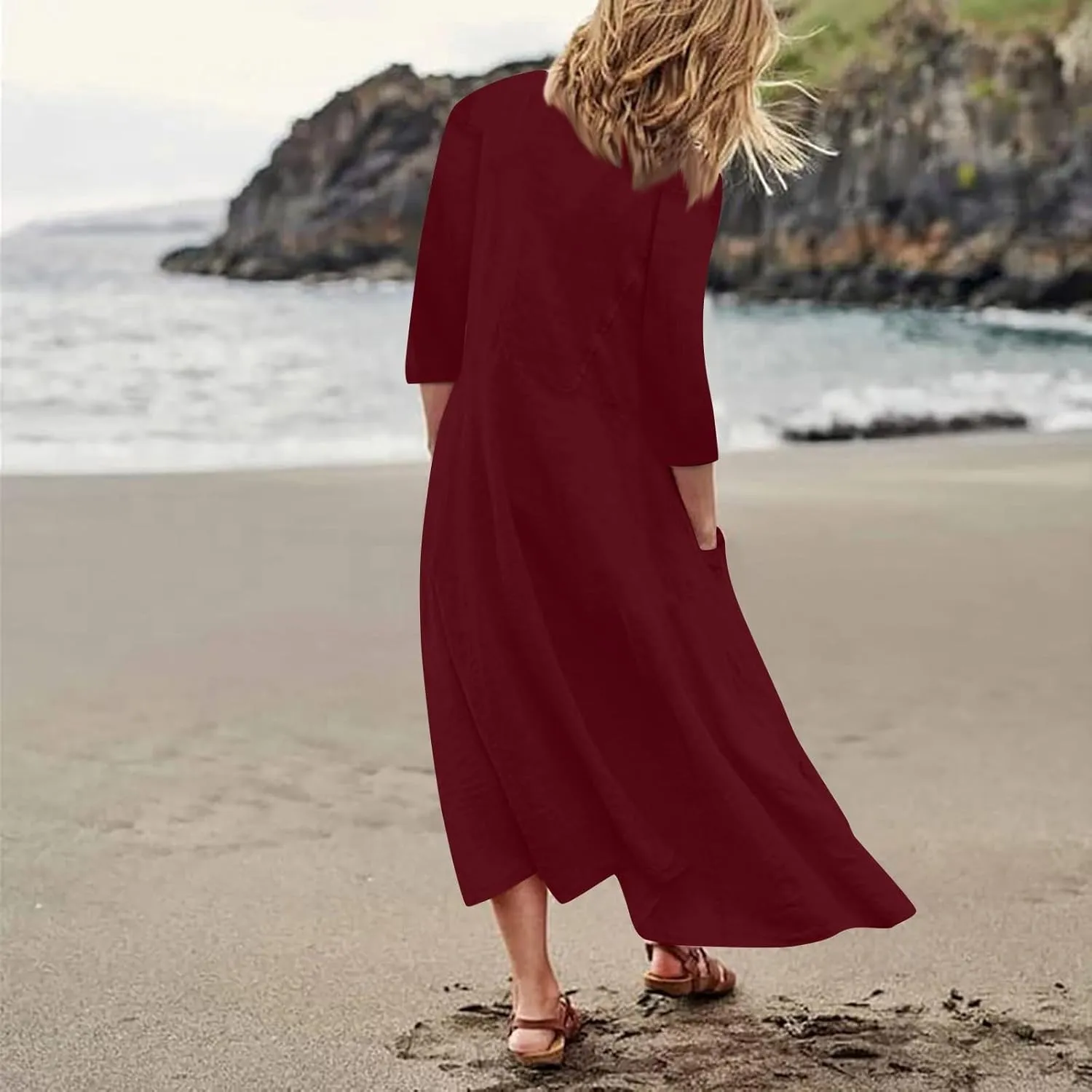 Midi Dresses for Women 3/4 Sleeve Plus Size Maxi Dress with Pockets Elegant Casual Modest Scoop Neck Flowy Summer Dress