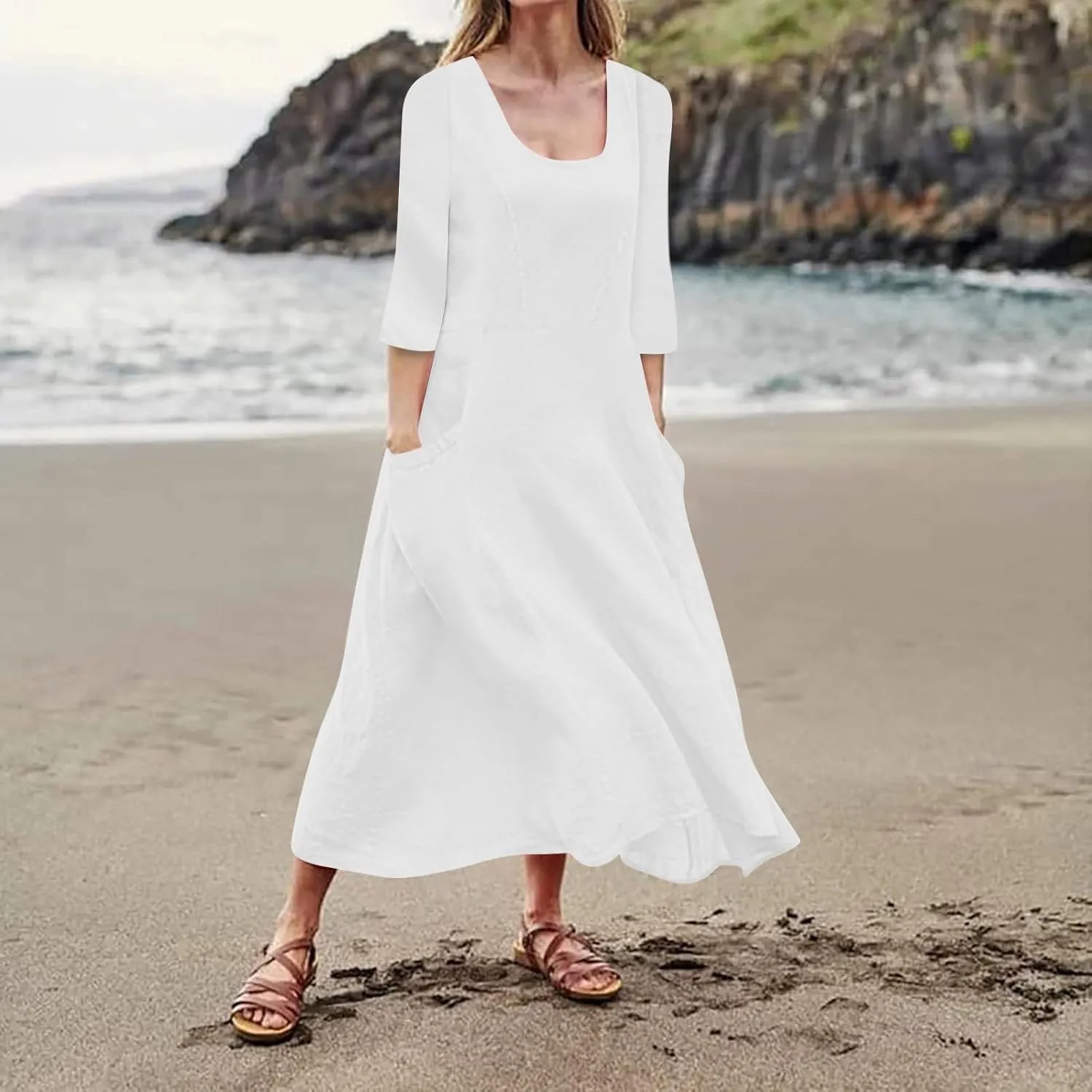 Midi Dresses for Women 3/4 Sleeve Plus Size Maxi Dress with Pockets Elegant Casual Modest Scoop Neck Flowy Summer Dress