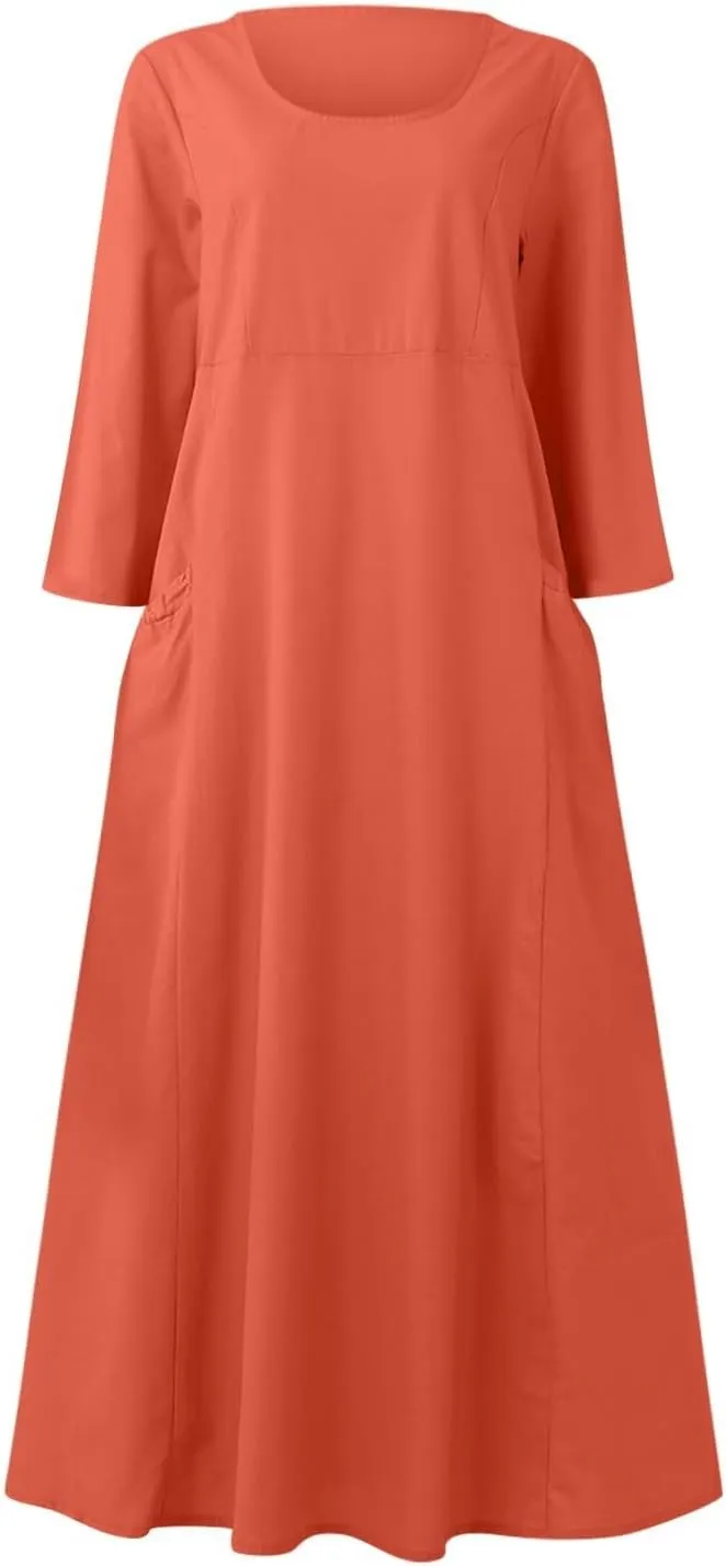 Midi Dresses for Women 3/4 Sleeve Plus Size Maxi Dress with Pockets Elegant Casual Modest Scoop Neck Flowy Summer Dress